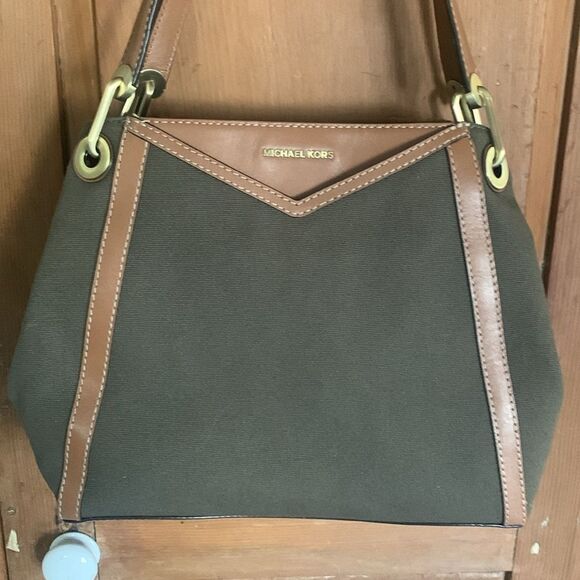 Michael Kors Raven olive green canvas tan leather satchel shoulder bag NWT - Picture 2 of 12